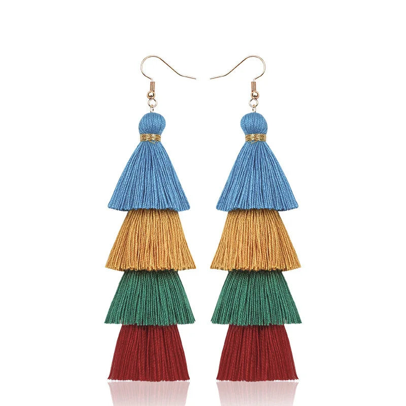 Pendientes de borlas de 4 capas estilo bohemio para mujer, aretes colgantes étnicos largos multicolor, joyería de moda para niñas