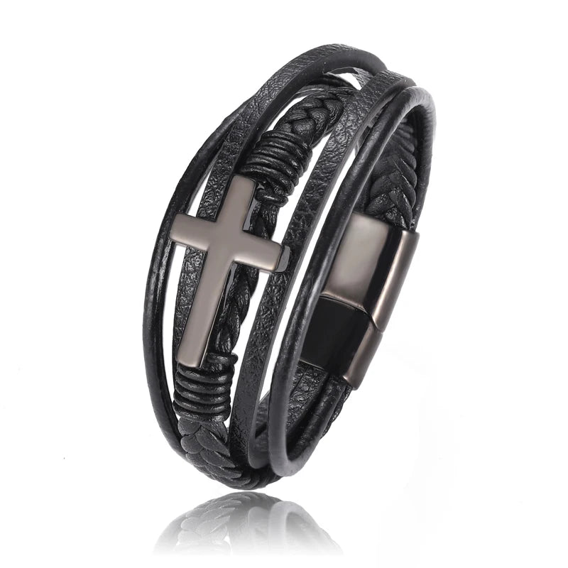 Boho personalisiertes Herren-Familiennamenarmband Schwarz Kreuz geflochtenes Leder mit Edelstahl-Anhängerarmband Individueller Namensschmuck