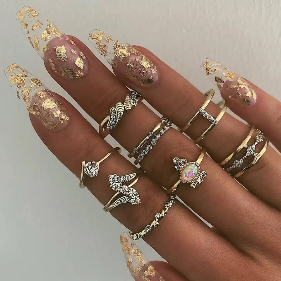Trendiger geometrischer Mond-Knöchel-Fingerringe-Set für Frauen 2021 Böhmischer Kristallstein Damenring Hochzeitsschmuck