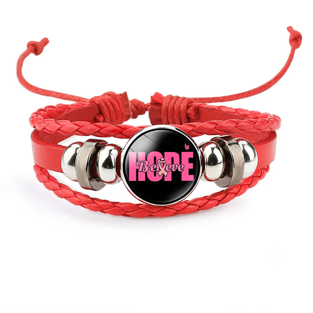 Brustkrebs-Bewusstseins-Hoffnungsarmband für Frauen Rosa Schleife Anhänger Geflochtenes Lederseil Wickelarmband Mode handgemachter Schmuck