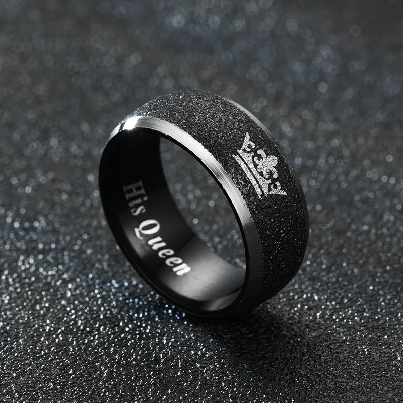 Anillos de pareja con letras "Su Rey y Su Reina" para mujer y hombre, corona, negro, 8 mm, acero inoxidable, acabado mate, joyería de boda para amantes