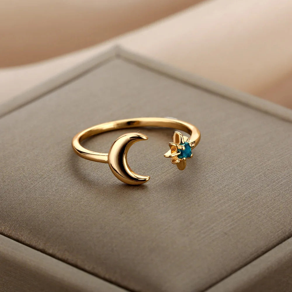 Zirkon-Mondringe für Frauen, Edelstahl, leuchtender Mond-Stern, verstellbarer Fingerring, ästhetischer Hochzeitsschmuck, Geschenk, Bague Femme
