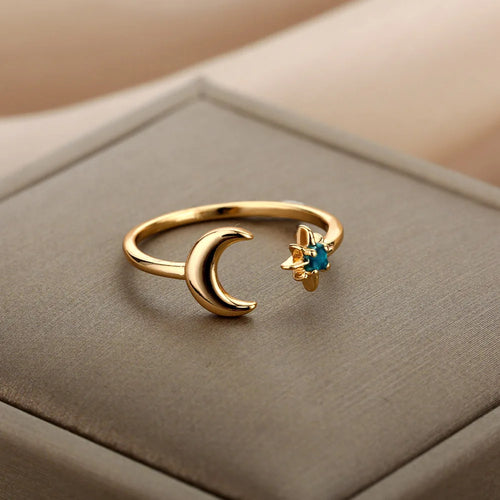 Zirkon-Mondringe für Frauen, Edelstahl, leuchtender Mond-Stern, verstellbarer Fingerring, ästhetischer Hochzeitsschmuck, Geschenk, Bague Femme
