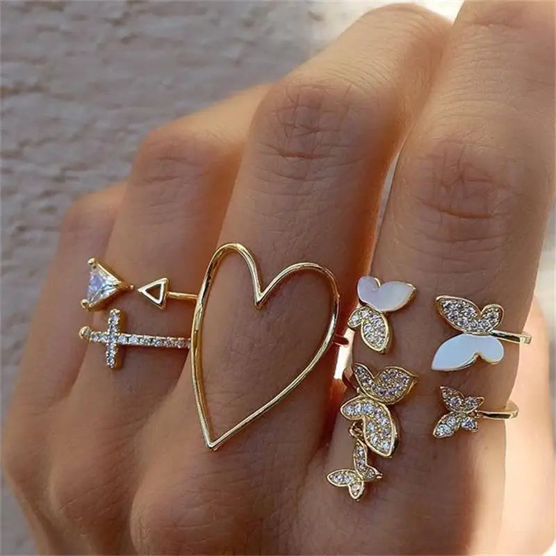 Trendiger geometrischer Mond-Knöchel-Fingerringe-Set für Frauen 2021 Böhmischer Kristallstein Damenring Hochzeitsschmuck