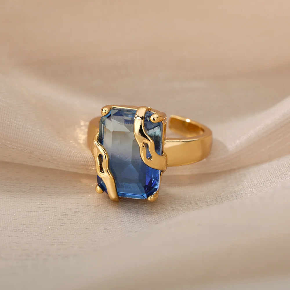 Minimalistische Zirkon Blaue Kristallstein-Ringe für Frauen Edelstahl Zirkonia Quadrat Geometrie Ring Party Schmuck Geschenk