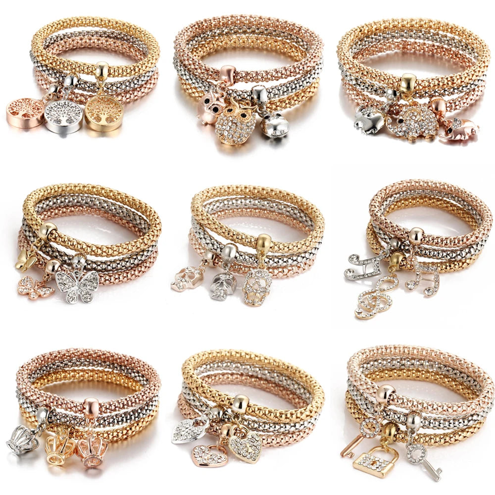 3 Farben/Lot Elastische Armbänder & Armreifen für Damen Kristall Lebensbaum Eule Schlüsselschloss Musiknote Eule Schmetterling Herz Charms Schmuck