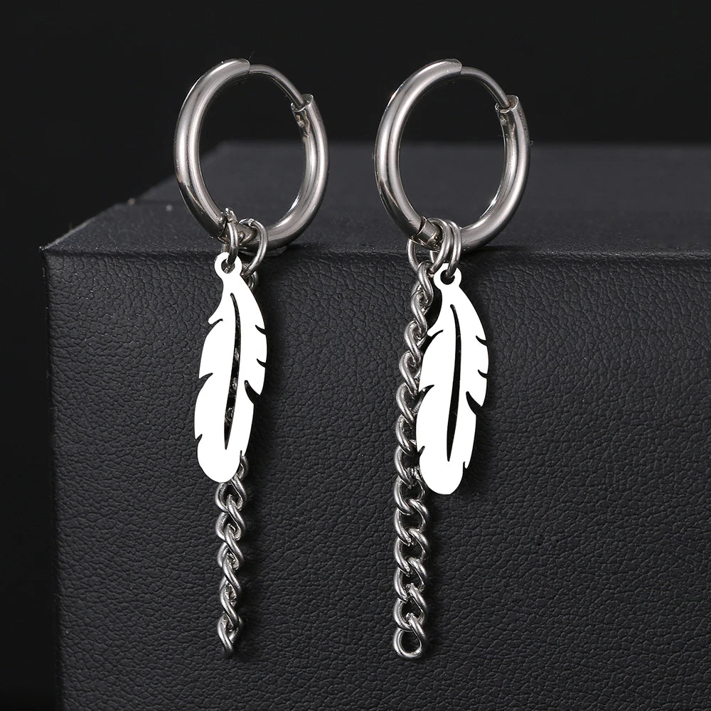 Edelstahl-Ohrringe, modisch, Unisex, Punk, Gothic, Federkette, Hip-Hop-Anhänger, goldfarbene Ohrringe für Damen, Schmuckgeschenke
