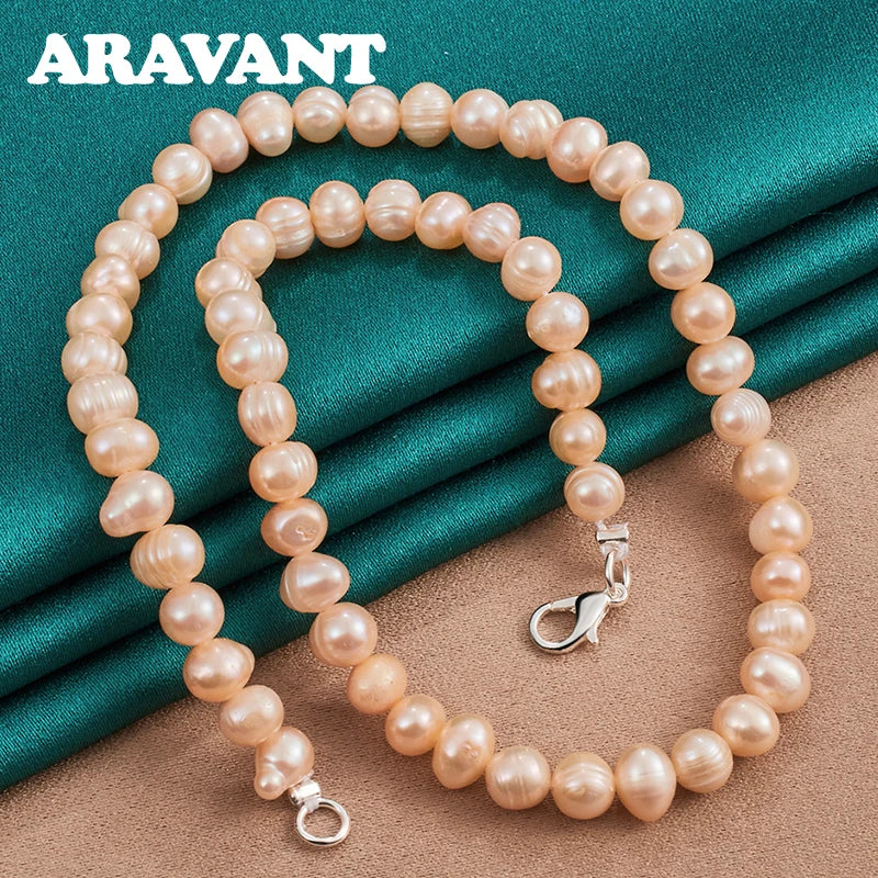 Aravant Collares de perlas de agua dulce de plata 925 con cadena para mujer, joyería de moda para bodas
