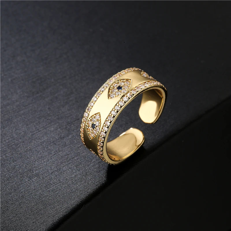 NEWBUY 2024 Mode Goldfarbe Kupfer Hochzeitsschmuck AAA CZ Böses Auge Design Offener Ring Für Frauen Mädchen Verlobungsgeschenk