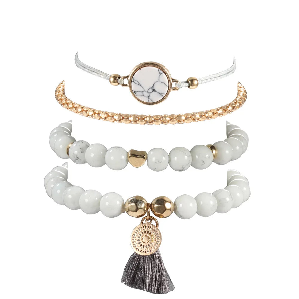 4tlg./Set Böhmische Steinperlen Kettenarmbänder Set für Damen Metall Herz Runde Quaste Anhänger Armreif Mode Schmuck