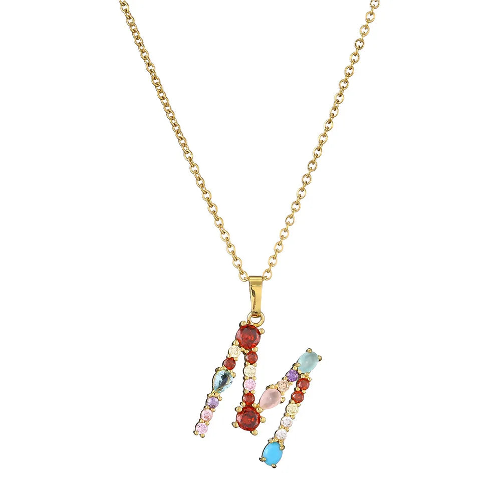 2024 New Hot Colourful Crystal AAA CZ 26 Capital Letters Pendant Necklace For Women Girl Gold Color Copper Initial Name Jewelry