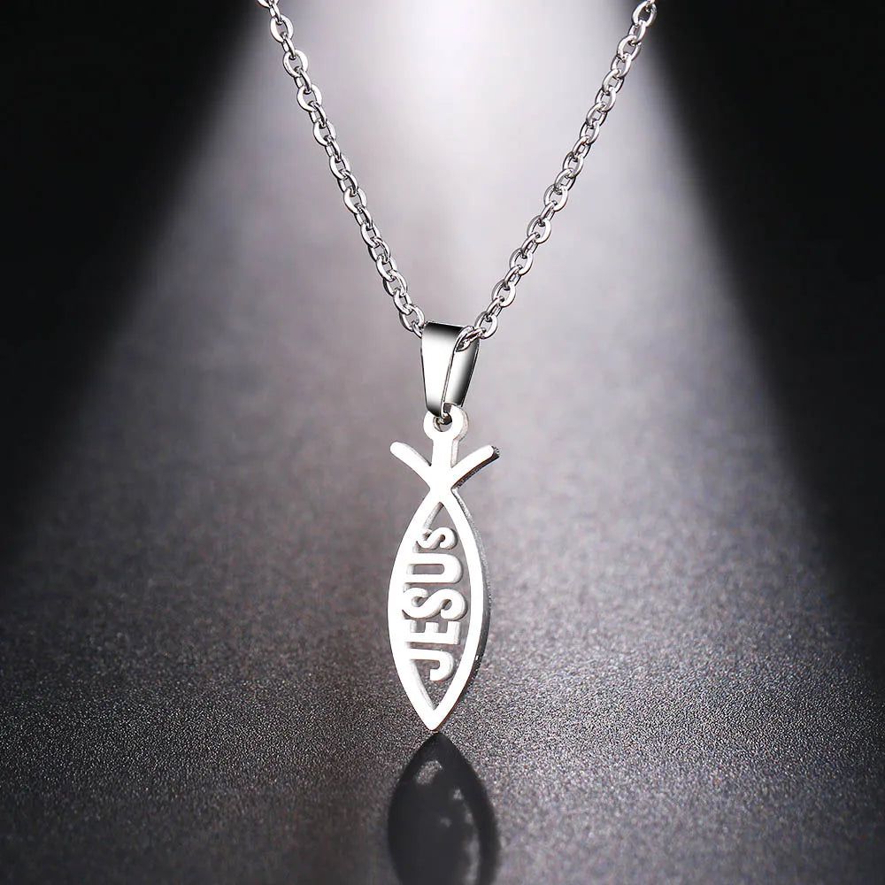 DOTIFI  Stainless Steel Necklace For Women Man Lover's Sharp Jesus Fish Shape Color Pendant Necklace Engagement Jewelry