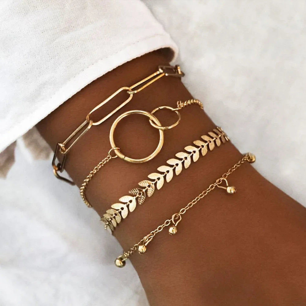 Fashion Geometrischer Stein Anhänger Armband Set Für Frauen Retro Silber Farbe Mond Handgelenk Kette Offener Armreif Dame Trendy Boho Schmuck