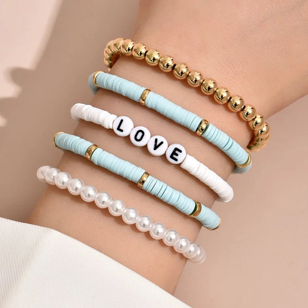 Juego de Pulseras Apilables Arcoíris de Moda para Mujer con Dijes de Corazón, Arcilla Blanda, Cuentas en Capas, Cadena, Brazalete, Joyería Bohemio Femenina
