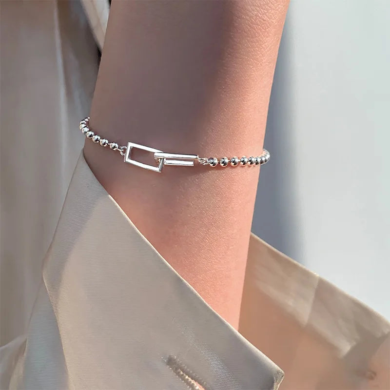 VENTFILLE 925 Sterling Silber Geometrisches Quadratisches Rundes Perlenarmband für Frauen Persönlichkeit Temperament Einfacher Handschmuck Party