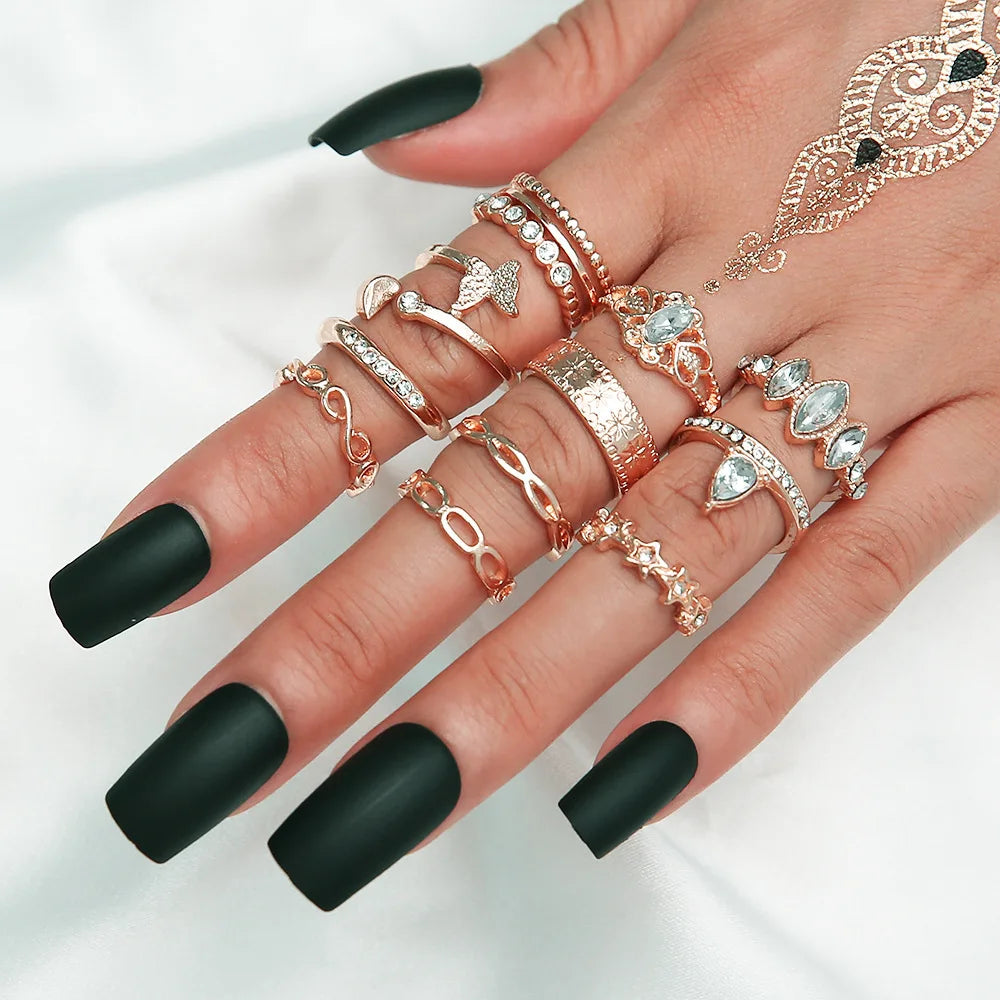 Trendiger geometrischer Mond-Knöchel-Fingerringe-Set für Frauen 2021 Böhmischer Kristallstein Damenring Hochzeitsschmuck