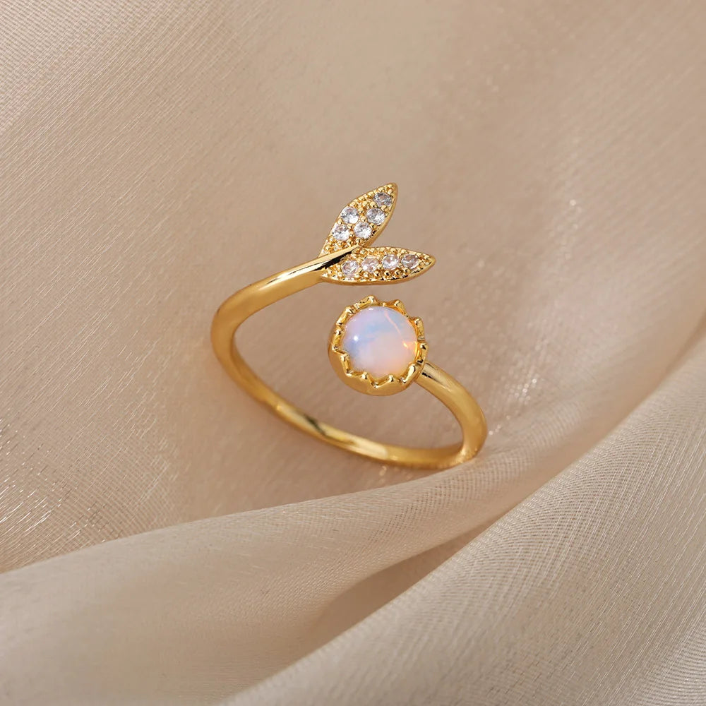 Fashion Opalringe für Frauen Edelstahl Opal Kristall Stein Blätter Fingerring Verlobung Böhmischer Schmuck Geschenk