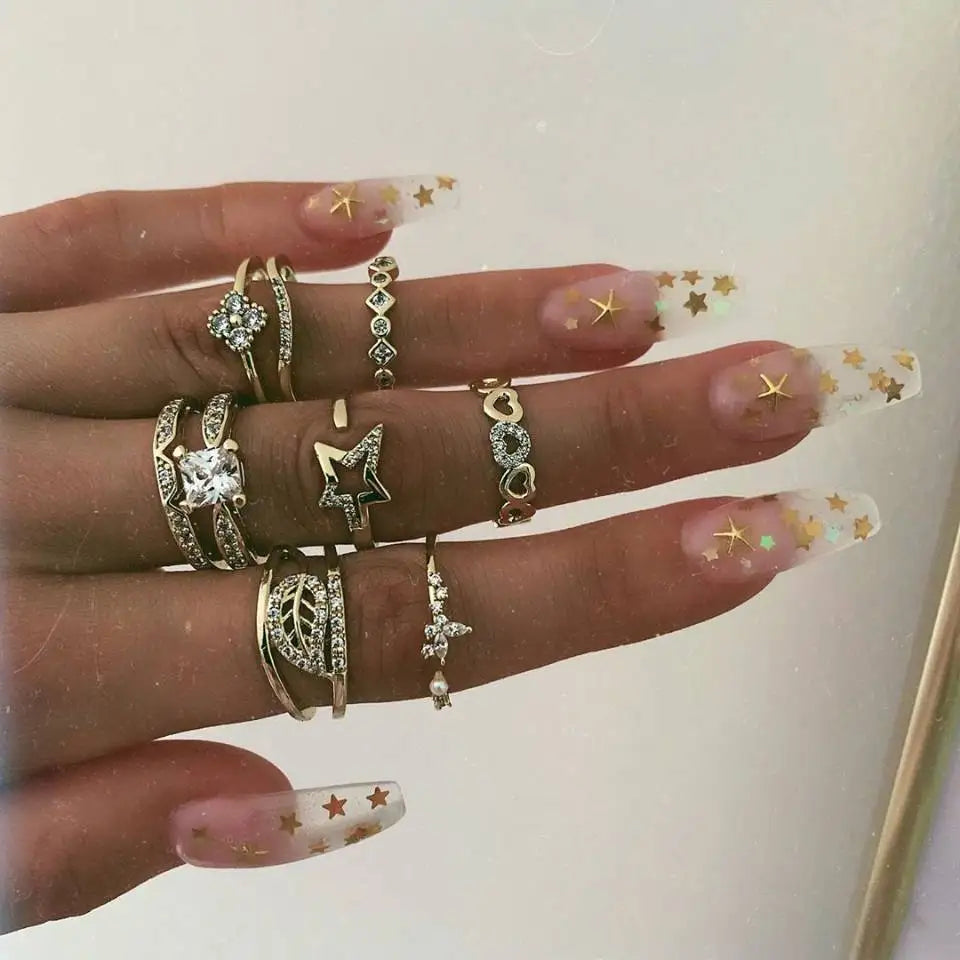 Trendiger geometrischer Mond-Knöchel-Fingerringe-Set für Frauen 2021 Böhmischer Kristallstein Damenring Hochzeitsschmuck