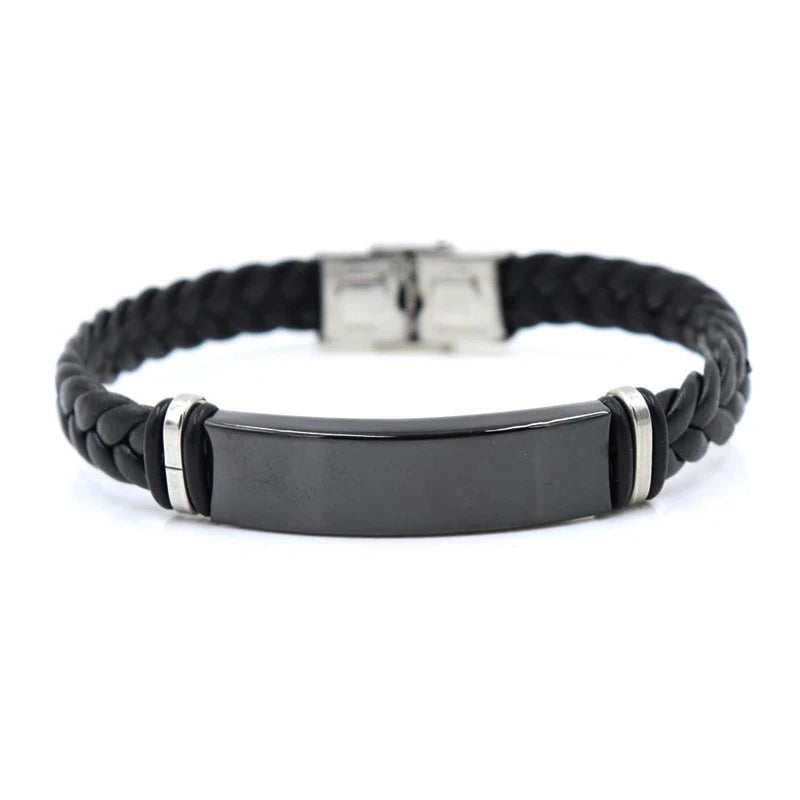 Gravur Armband mit Logo Namen aus Leder, schwarz, personalisierbar, Edelstahl Armbänder für Damen und Herren, ID Armband
