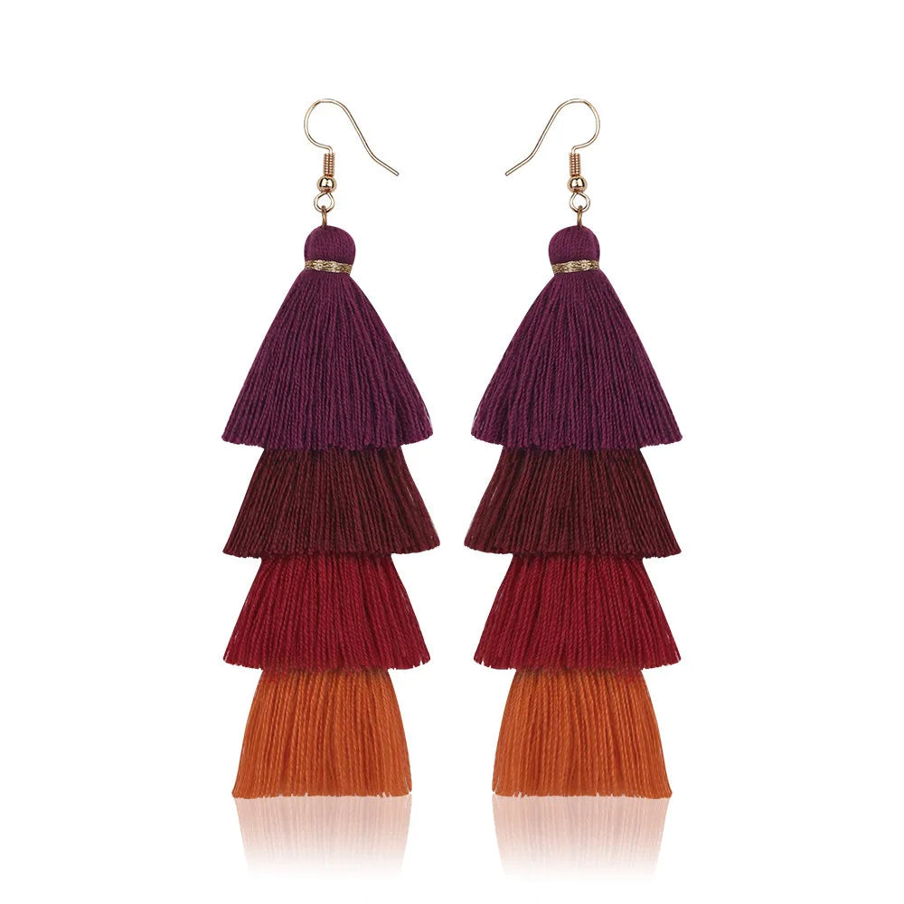 Pendientes de borlas de 4 capas estilo bohemio para mujer, aretes colgantes étnicos largos multicolor, joyería de moda para niñas