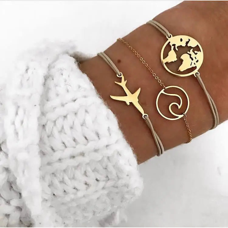 4tlg./Set Böhmische Steinperlen Kettenarmbänder Set für Damen Metall Herz Runde Quaste Anhänger Armreif Mode Schmuck