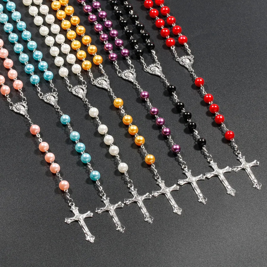 Religion Christliche Kunstperlen Rosenkranz Halskette Für Frauen Jungfrau Maria Jesus Kreuz Anhänger Lange Perlenketten Modeschmuck