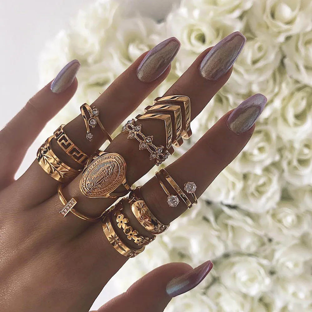 Fashion Geometrische Knöchelringe Set Für Frauen Kristall Goldfarben Fingerring Boho Damen Hochzeit Schmuck Geschenk