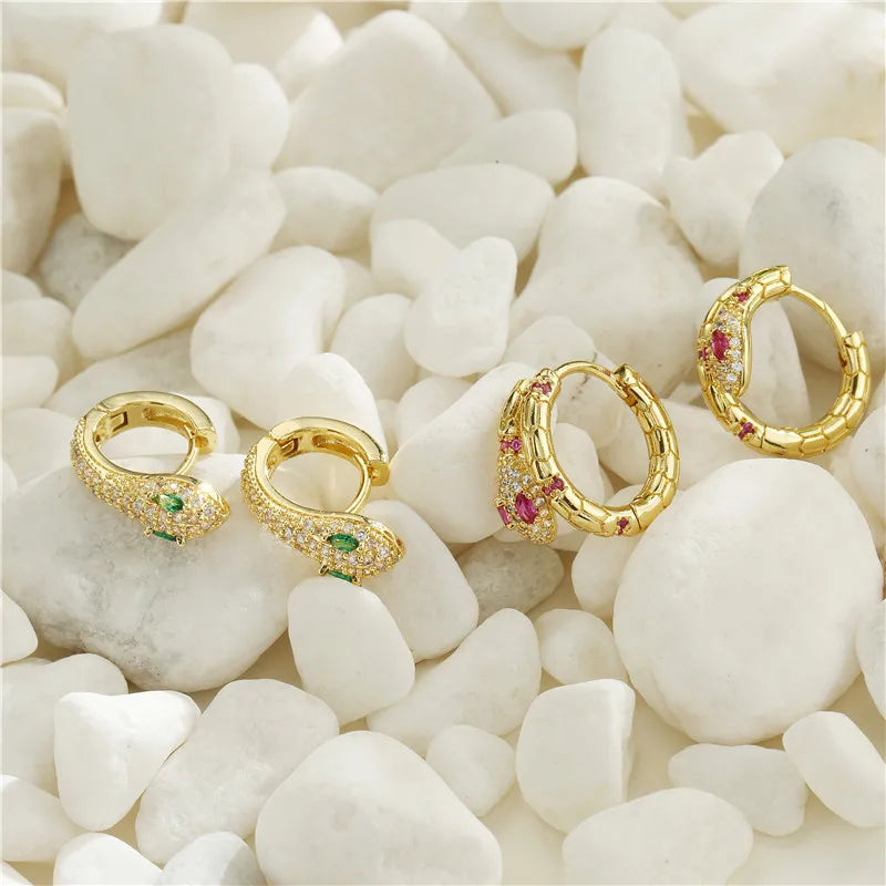 High Quality Colorful Crystal Zirconia Snake Earrings Punk Style Gold Color Small Hoop Earrings Jewelry