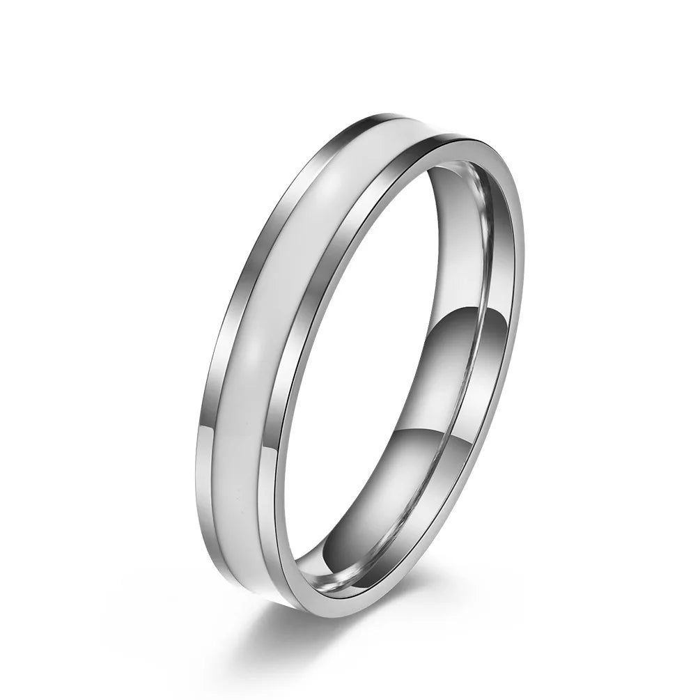 Anillo de boda de acero inoxidable de 4 mm con esmalte blanco y negro para mujer/niña, tallas 3-10