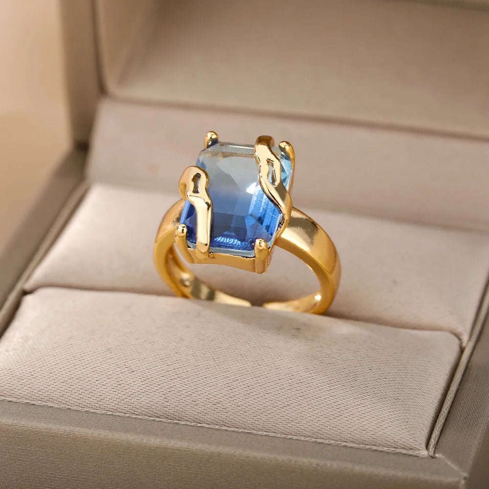 Minimalistische Zirkon Blaue Kristallstein-Ringe für Frauen Edelstahl Zirkonia Quadrat Geometrie Ring Party Schmuck Geschenk