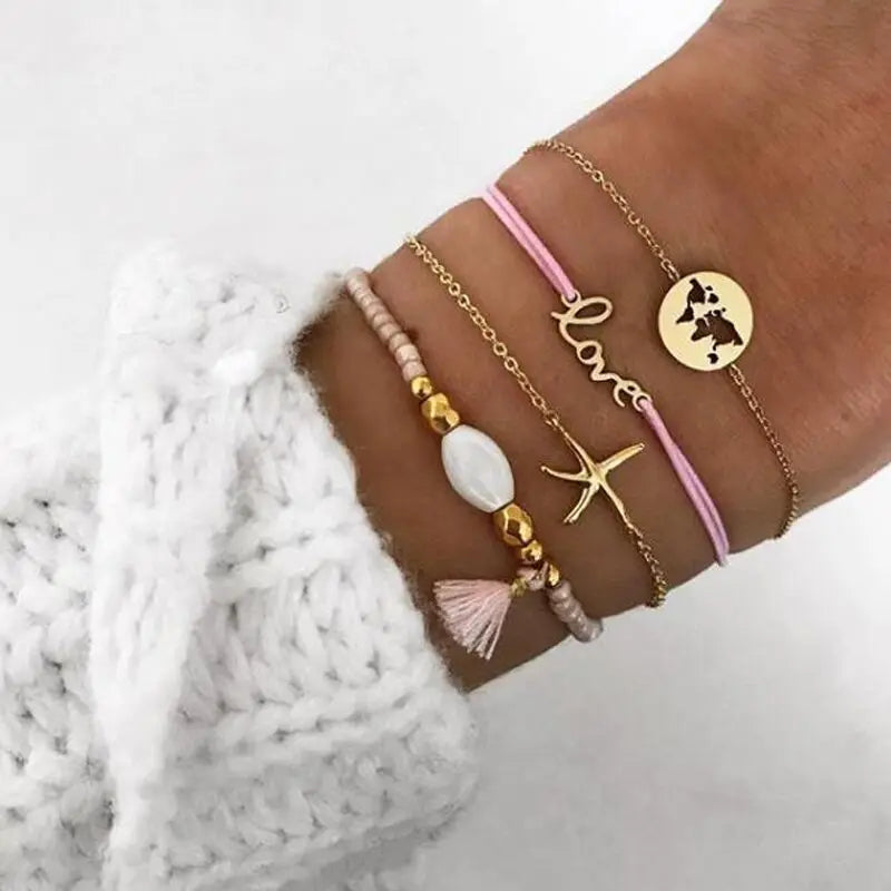 Boho Armreif für Frauen Schildkröte Elefant Herz Muschel Stern Mond Pfeil Karte Kristall Charms Perlen Armband Set Böhmischer Schmuck