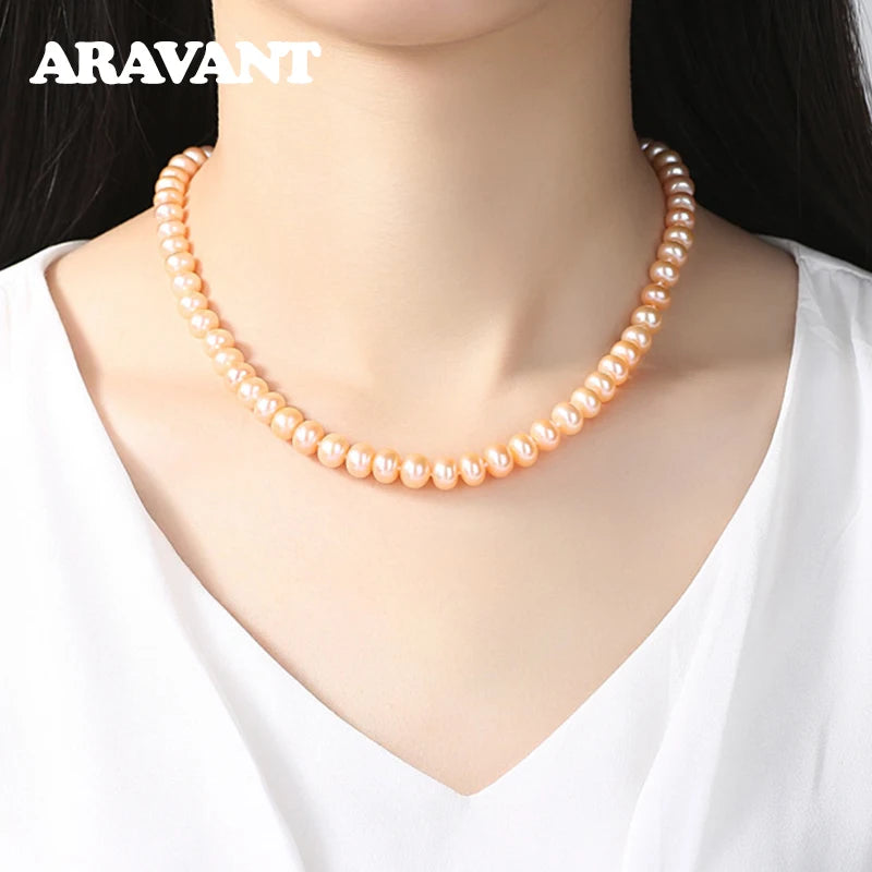 Cadena de collar de perlas de agua dulce de 8 mm de plata 925 Aravant para mujer, joyería de moda