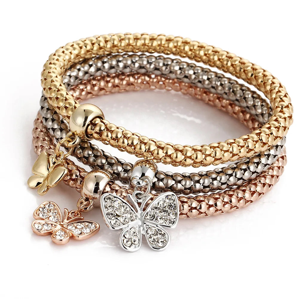 3 Farben/Lot Elastische Armbänder & Armreifen für Damen Kristall Lebensbaum Eule Schlüsselschloss Musiknote Eule Schmetterling Herz Charms Schmuck