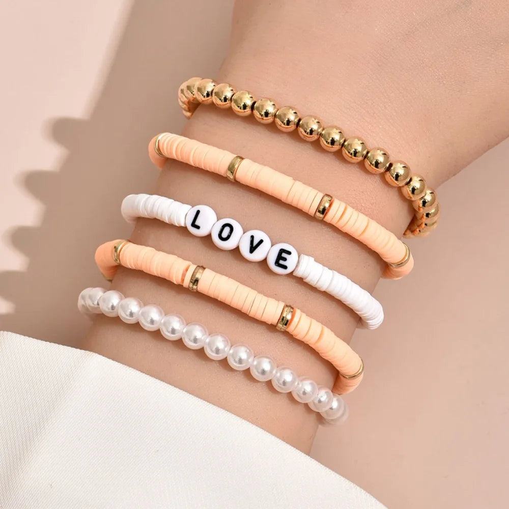 Juego de Pulseras Apilables Arcoíris de Moda para Mujer con Dijes de Corazón, Arcilla Blanda, Cuentas en Capas, Cadena, Brazalete, Joyería Bohemio Femenina