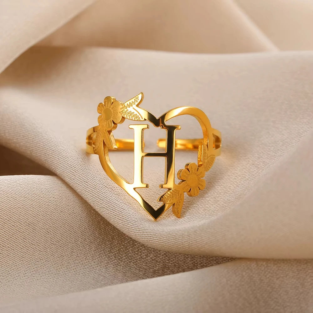 Edelstahl Initialen Buchstaben Herzringe für Frauen Mädchen Goldfarben Blumen Alphabet Ring Mode Valentinstags Schmuck Geschenk