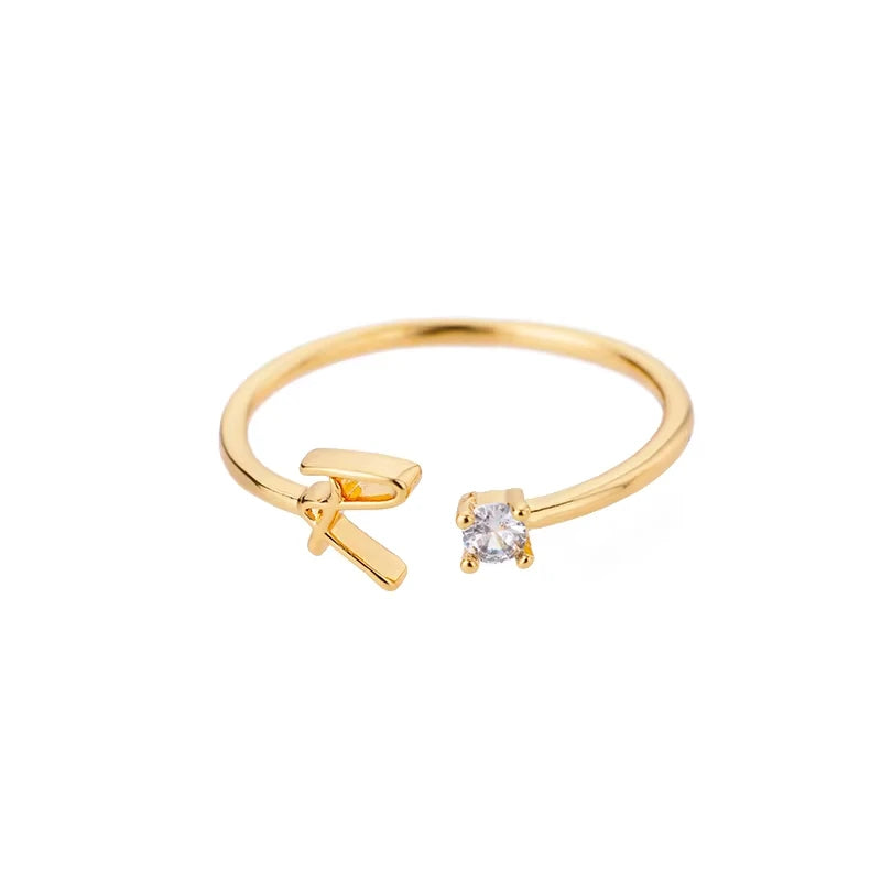 A-Z Anfangsbuchstabe Offene Ringe für Damen Edelstahl Goldfarbe Zirkon Verstellbarer Ring Trendiger Paar-Hochzeitsschmuck Geschenk