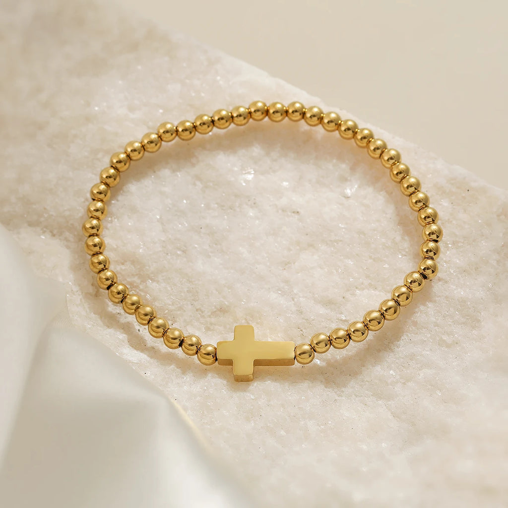 NEWBUY High Quality Non-Fading Stainless Steel Jewelry Silver/Gold Color Beads Cross Charm Bracelets For Women Men