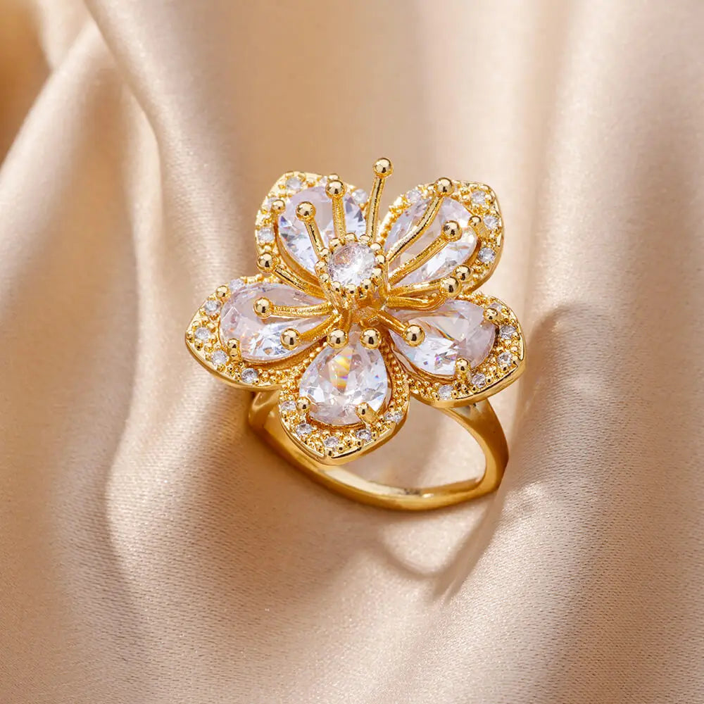 Rosa Zirkonia Blumenringe für Frauen Goldfarbener Edelstahlring 2025 Trend Elegante florale Luxus-Ästhetik Schmuck Anillos