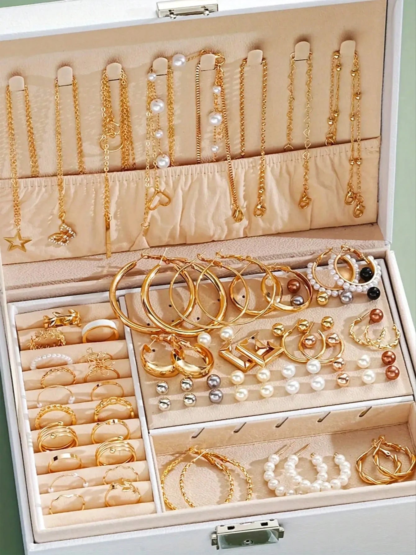 86-teiliges Set elegante Perlenohrringe, mehrlagige Halskette, Ohrstecker, Ringe, 4-in-1-Schmuckset für Damen, tägliches Tragen, Geschenk (keine Box)