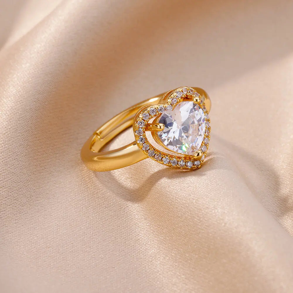 Edelstahl Herzringe für Frauen Zirkon Goldfarbe Herz Verstellbarer Ring Weiblich Hochzeit Party Accessoires Schmuck Geschenk 2024