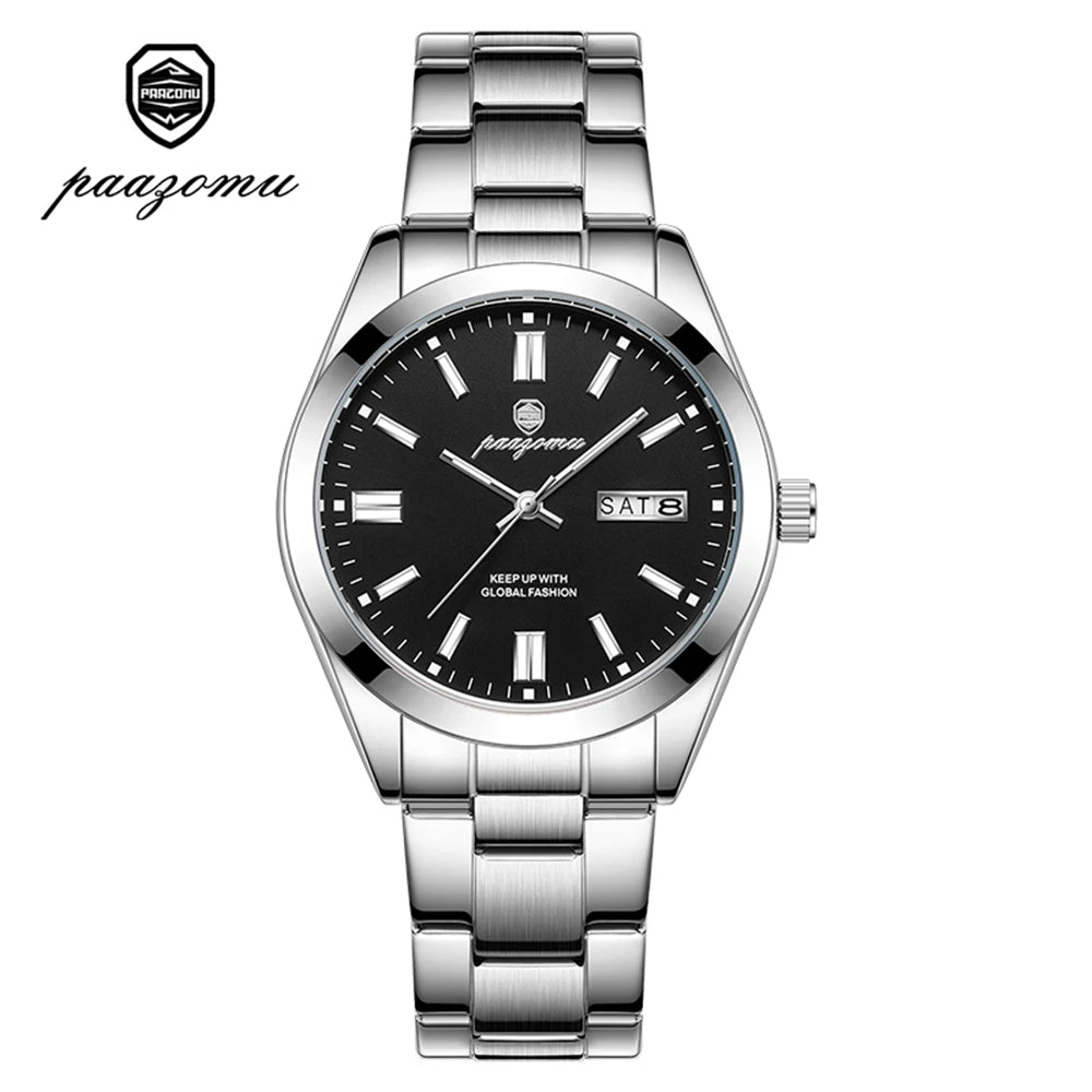 PAAZOMU Reloj de Pulsera para Hombre de Lujo, Resistente al Agua, de Acero Inoxidable, con Fecha Luminosa, Semana, Moda, Negocios, Cuarzo, Relojes de Hombre