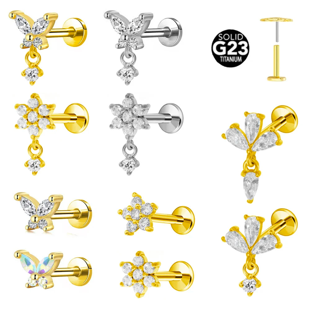 ASTM F136 G23 Titanio Flores Colgante Labret Piercing Sin Rosca Mariposa Empuje en Perno de Labio Daith Caracola Pendiente 16G 18G 20G