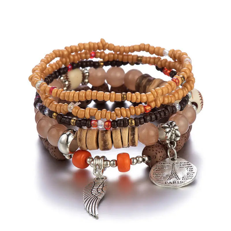 Boho Lebensbaum-Armband-Set für Frauen, modische Quasten, Charms, Holzperlen, elastische Kette, Armreif, trendiger Party-Schmuck für Mädchen