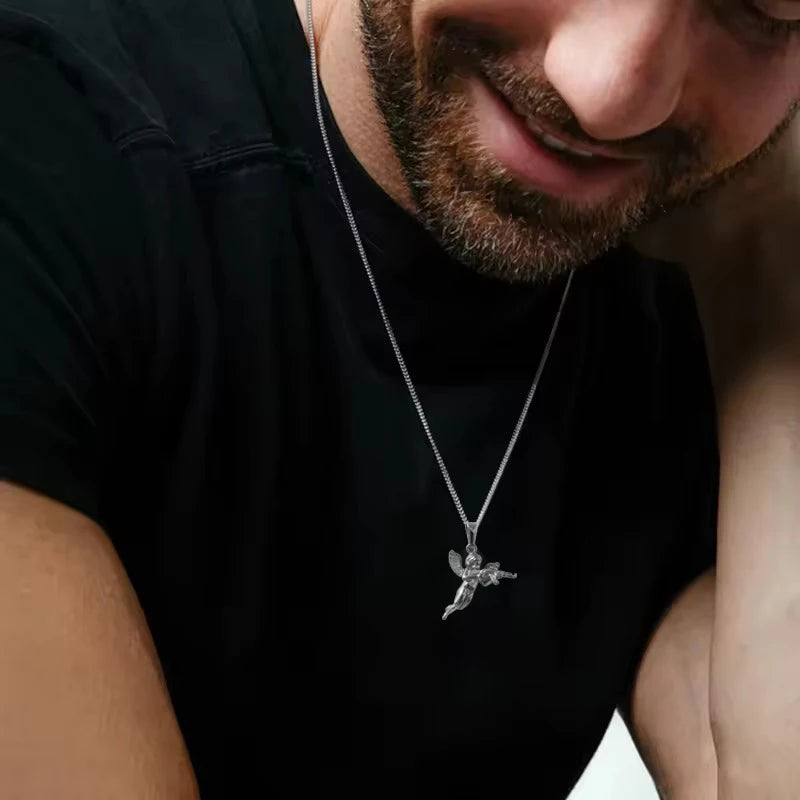 Collar con colgante de ángel 3D con pistola para hombre - chapado en oro de 18 quilates y cadena de cuerda de acero 316L, regalo de joyería gótica hip hop, "La venganza de Cupido"