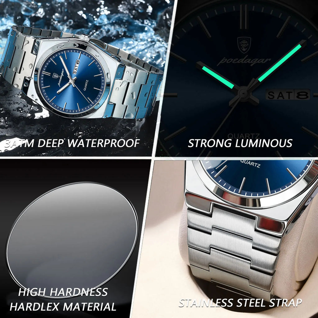 Reloj de Lujo POEDAGAR para Hombre Resistente al Agua Luminoso Fecha Semana Acero Inoxidable Relojes de Cuarzo Casuales para Hombre Reloj Masculino+caja