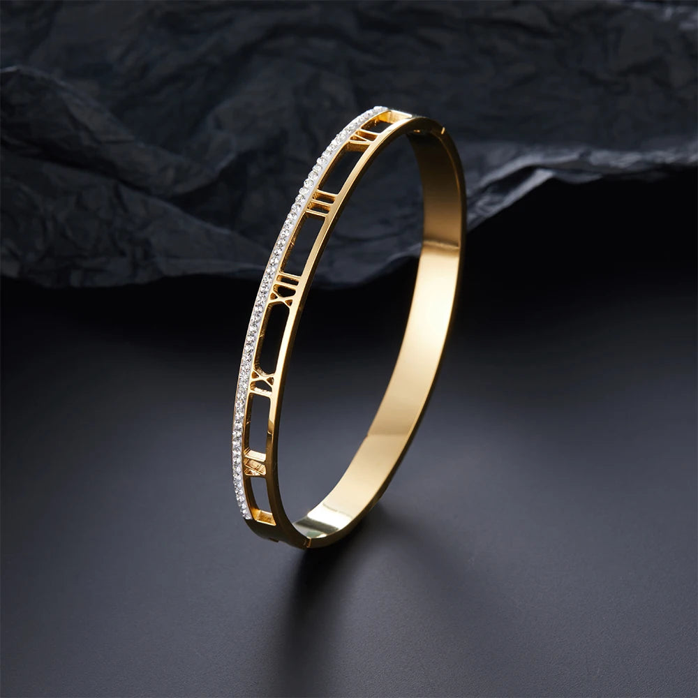 Luxus Kristall Hohl Römische Ziffer Armbänder für Frauen Männer Edelstahl Unisex Armreif Mode Klassischer Schmuck Accessoires