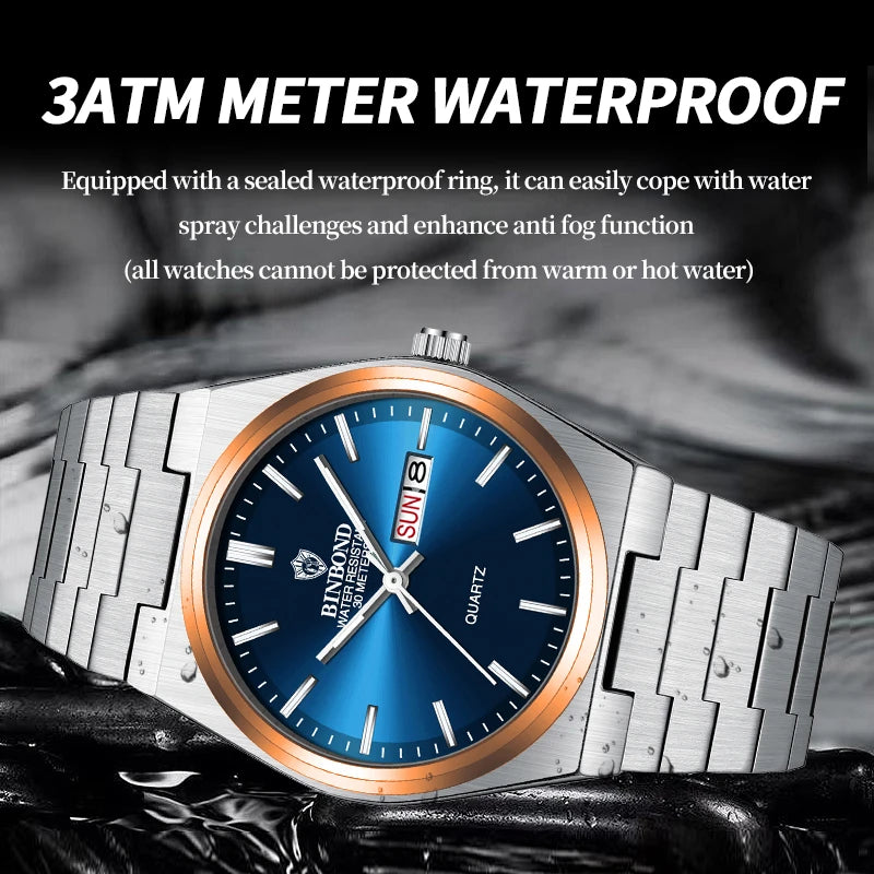 BINBOND Lujoso Reloj de Moda para Hombre, Reloj de Negocios de Alta Gama, Impermeable, Luminoso, con Fecha y Semana, Reloj de Cuarzo de Acero Inoxidable para Hombre
