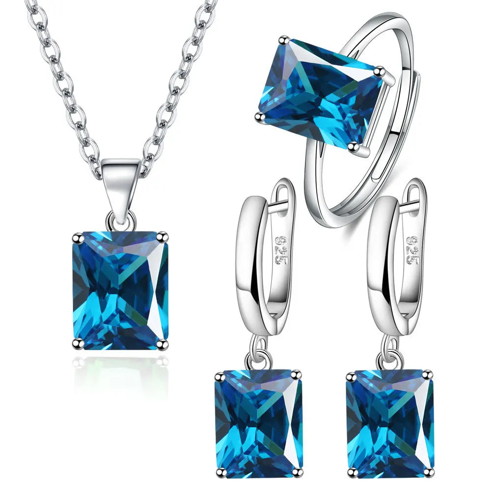 925er Sterlingsilber Elegante Schmucksets Ring Ohrringe Halskette für Damen Rechteck Geometrie Zirkon Hochzeit Accessoires
