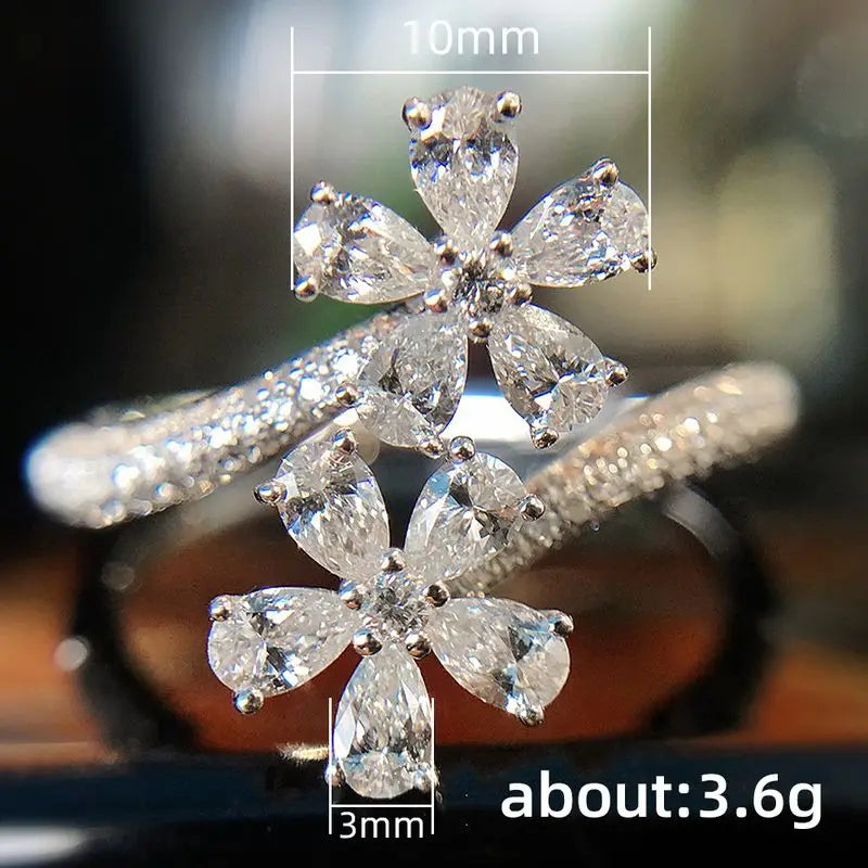 925er Sterling Silber Ästhetischer Blumen Verstellbarer Fingerring Weiblicher Brillanter Zirkonia Schmuck für Verlobung Zarte Accessoires