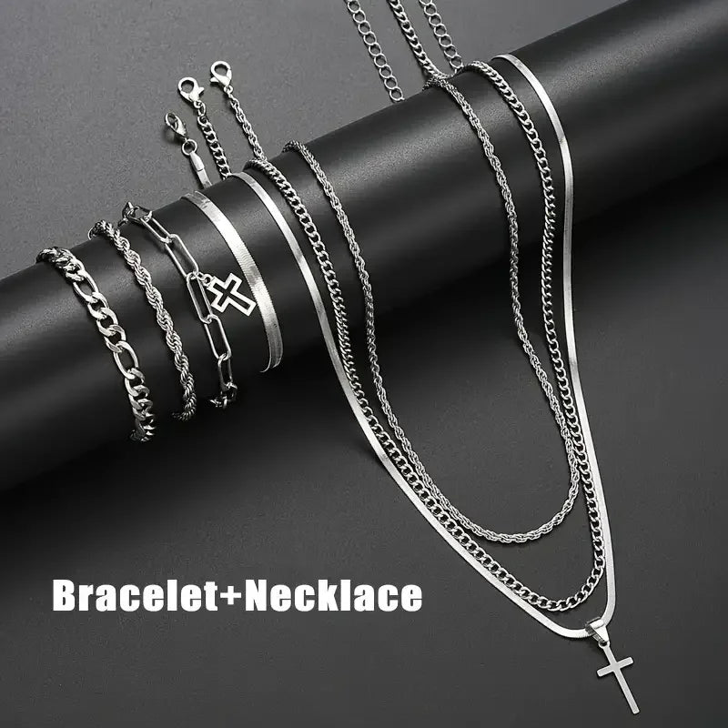 7-teiliges elegantes minimalistisches Kreuzanhänger-Schmuckset aus Edelstahl für Herren – Halskette und Armband für den Alltag